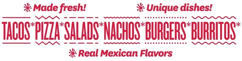 A logo for a mexican restaurant with the words tacos, salsas, burgers and burritos.