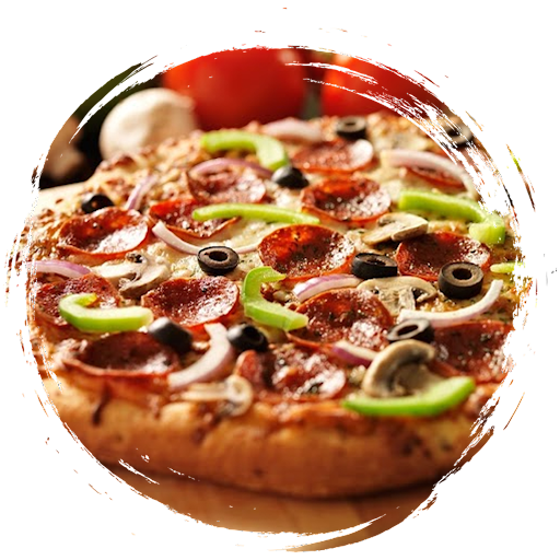 A pizza with pepperoni, olives, and onions.